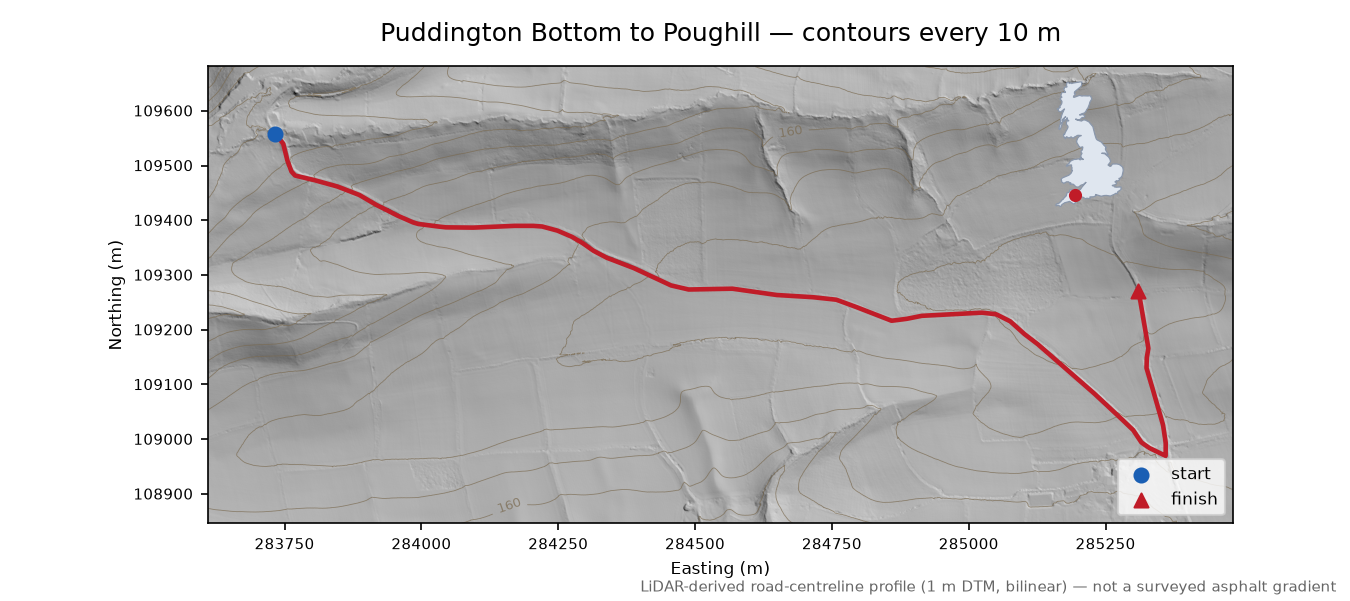 Puddington Bottom to Poughill LiDAR hillshade map with contours