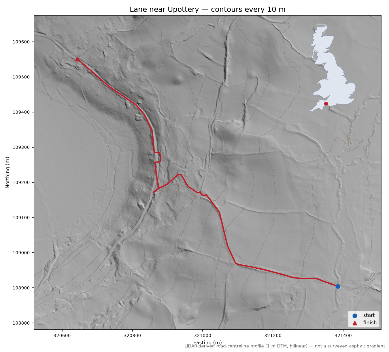 Lane near Upottery LiDAR hillshade map with contours