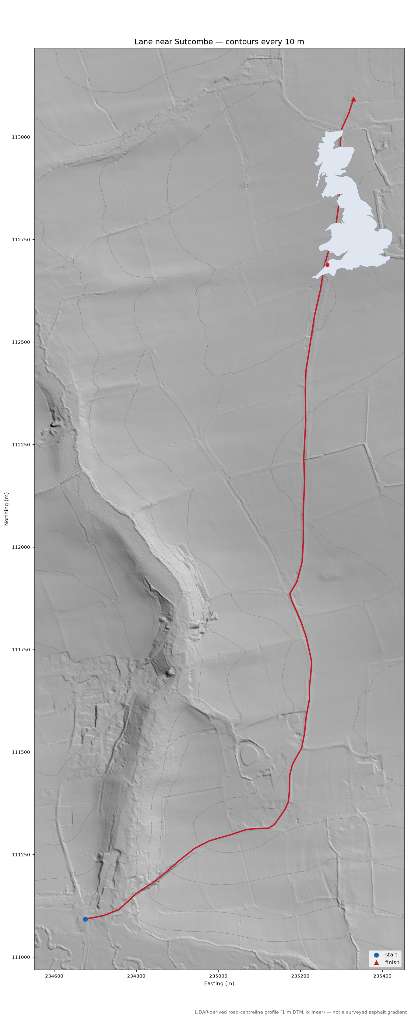 Lane near Sutcombe LiDAR hillshade map with contours