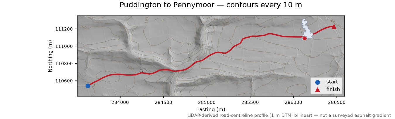 Puddington to Pennymoor LiDAR hillshade map with contours