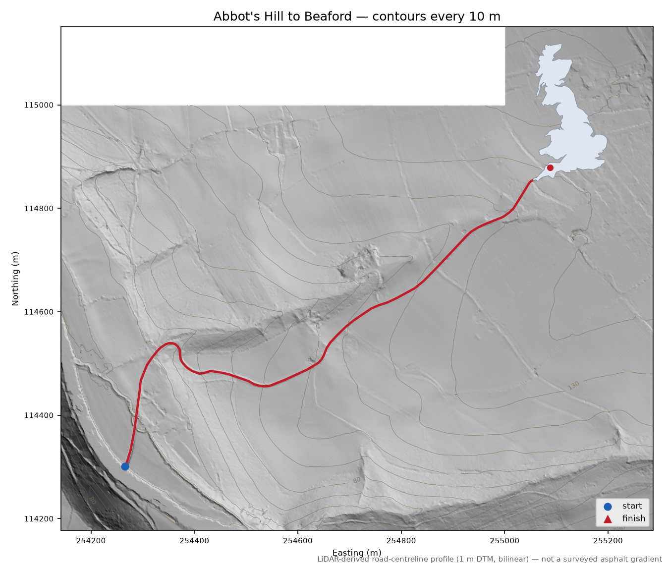 Abbot's Hill to Beaford LiDAR hillshade map with contours