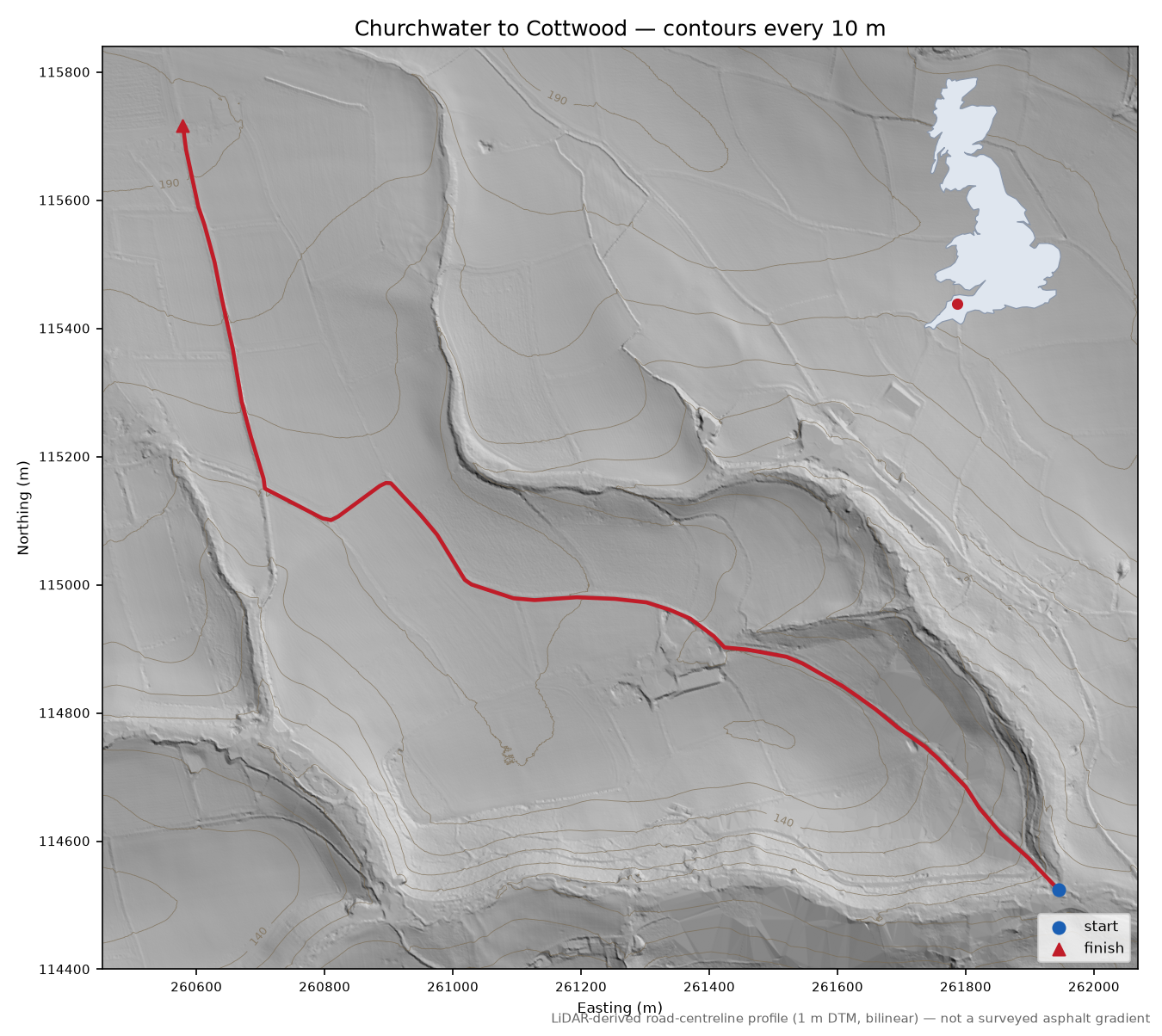 Churchwater to Cottwood LiDAR hillshade map with contours