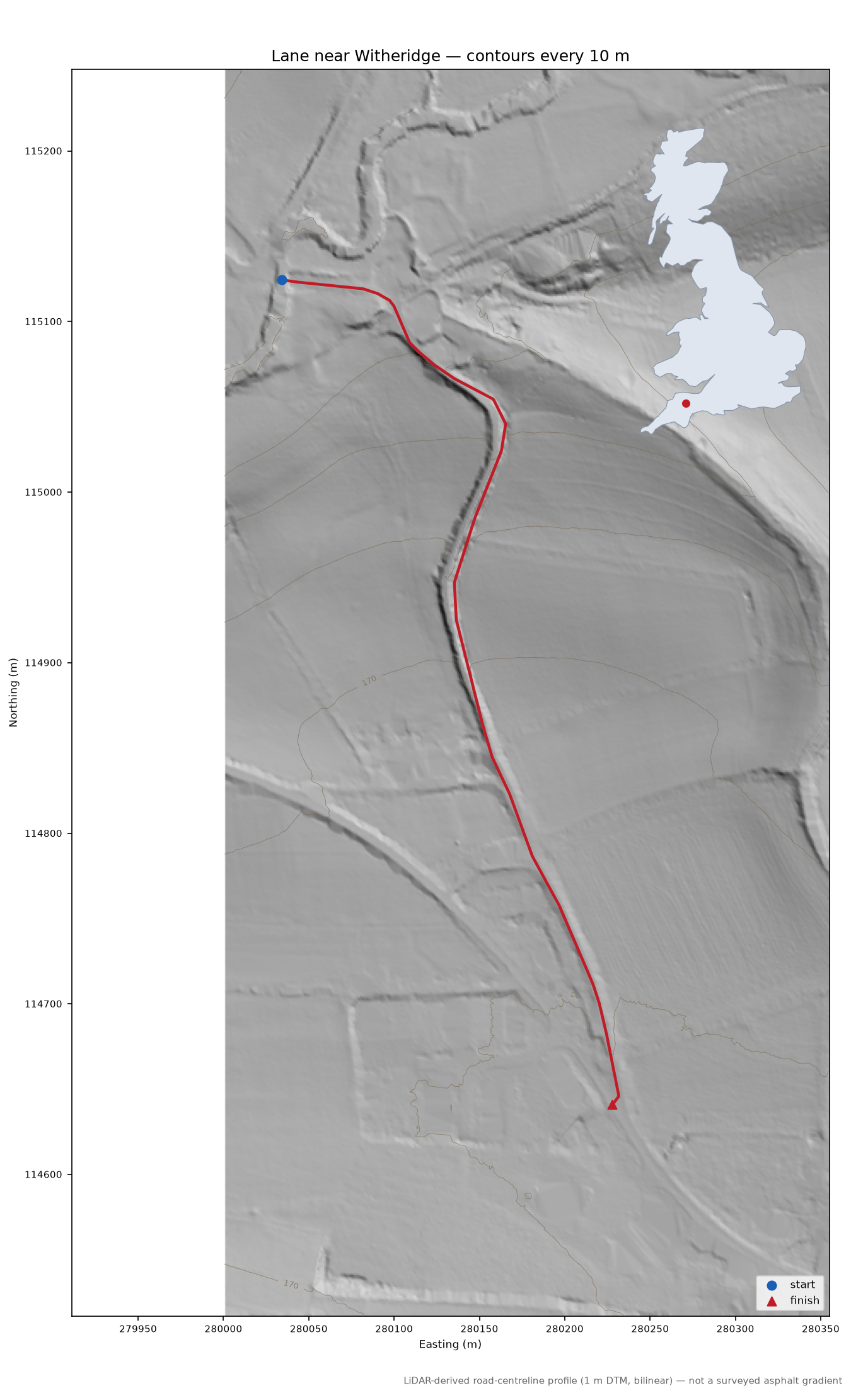 Lane near Witheridge LiDAR hillshade map with contours