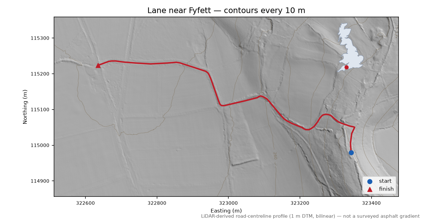 Lane near Fyfett LiDAR hillshade map with contours