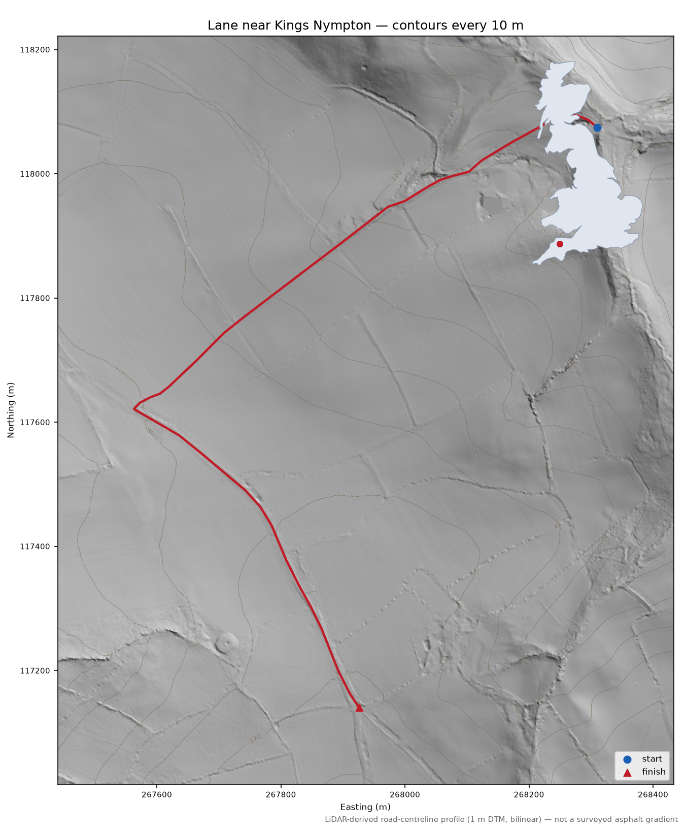 Lane near Kings Nympton LiDAR hillshade map with contours