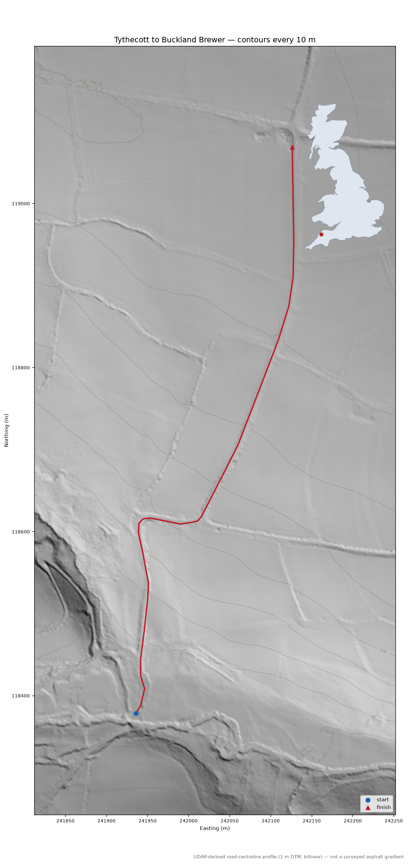 Tythecott to Buckland Brewer LiDAR hillshade map with contours