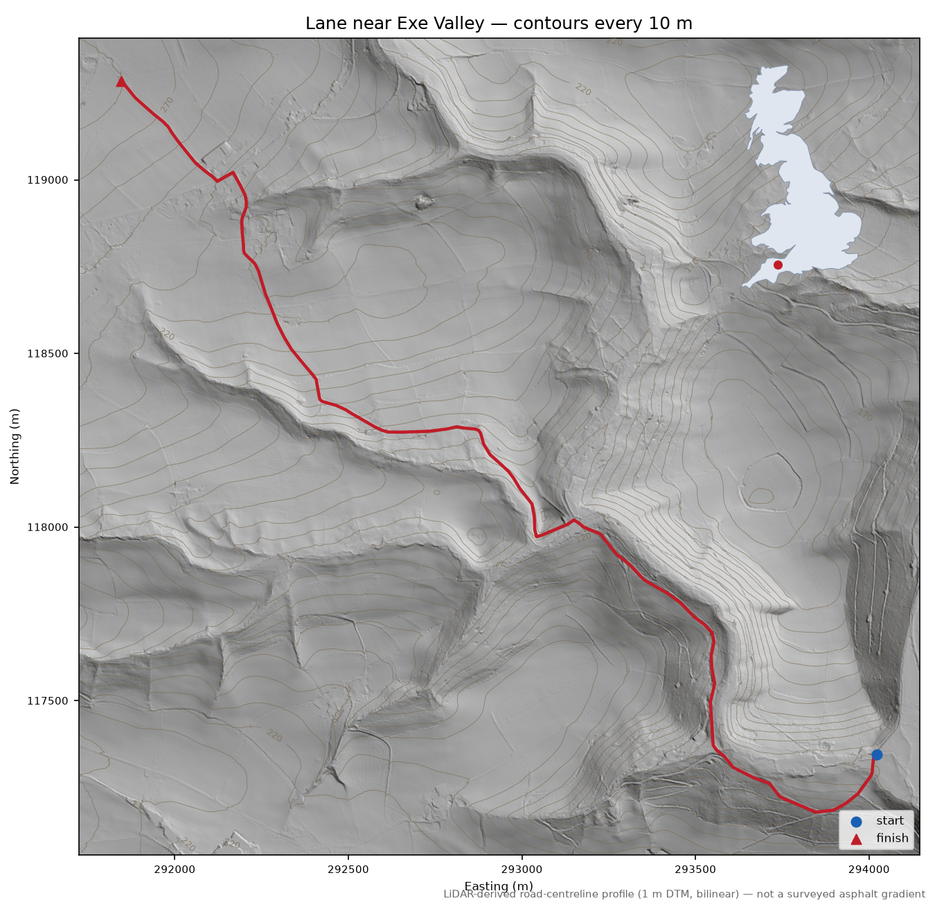 Lane near Exe Valley LiDAR hillshade map with contours