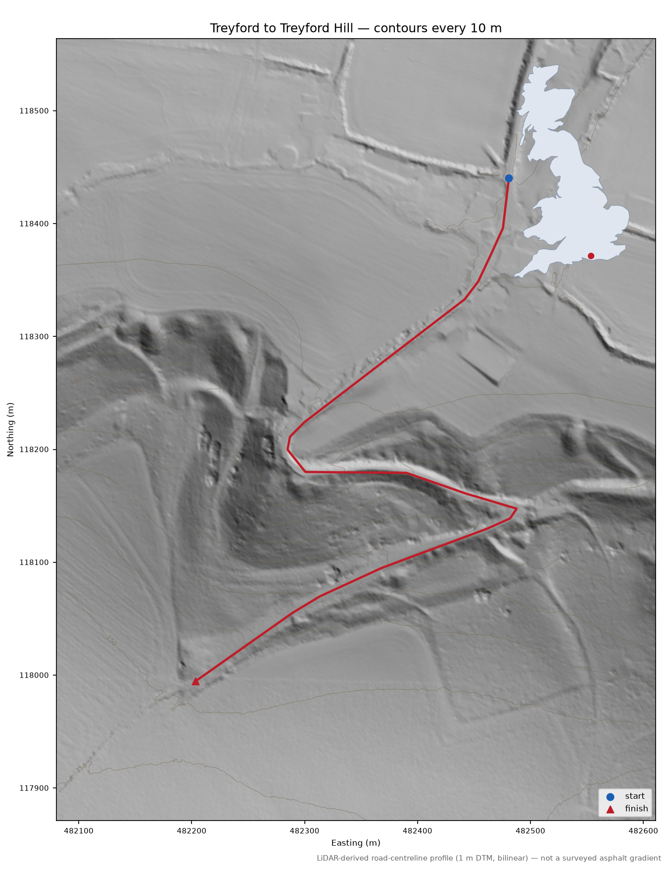 Treyford to Treyford Hill LiDAR hillshade map with contours