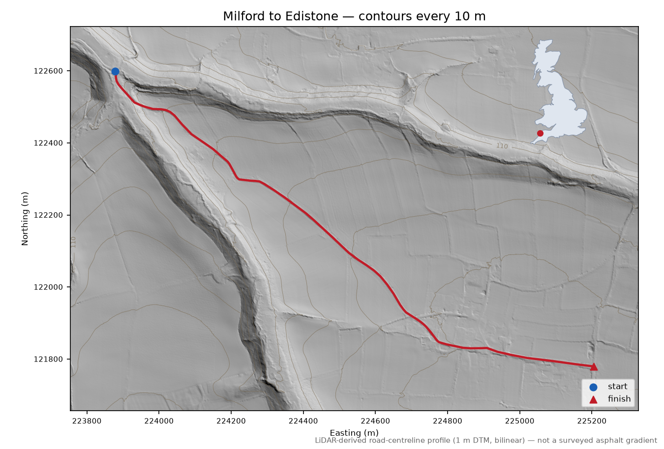 Milford to Edistone LiDAR hillshade map with contours