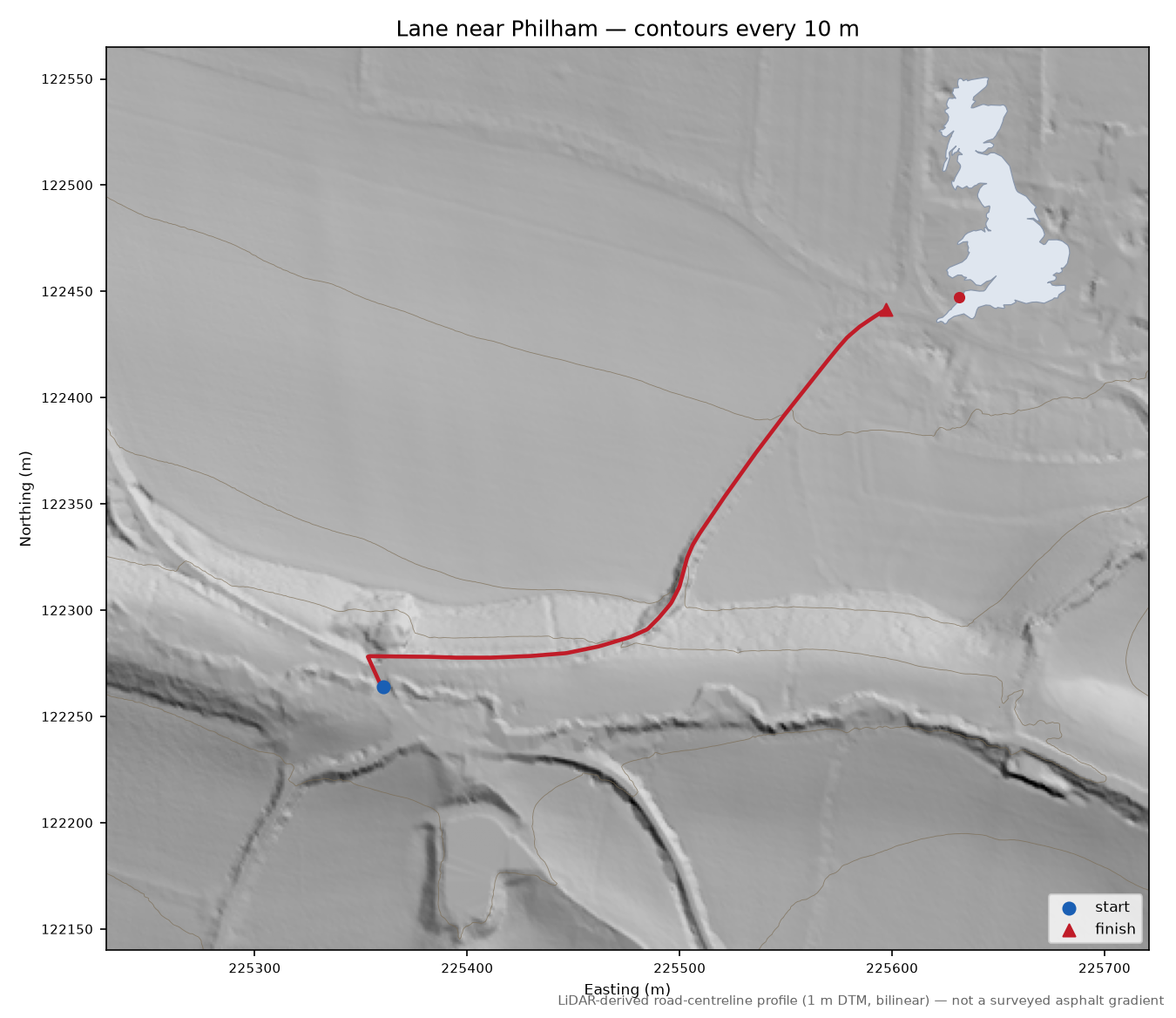 Lane near Philham LiDAR hillshade map with contours