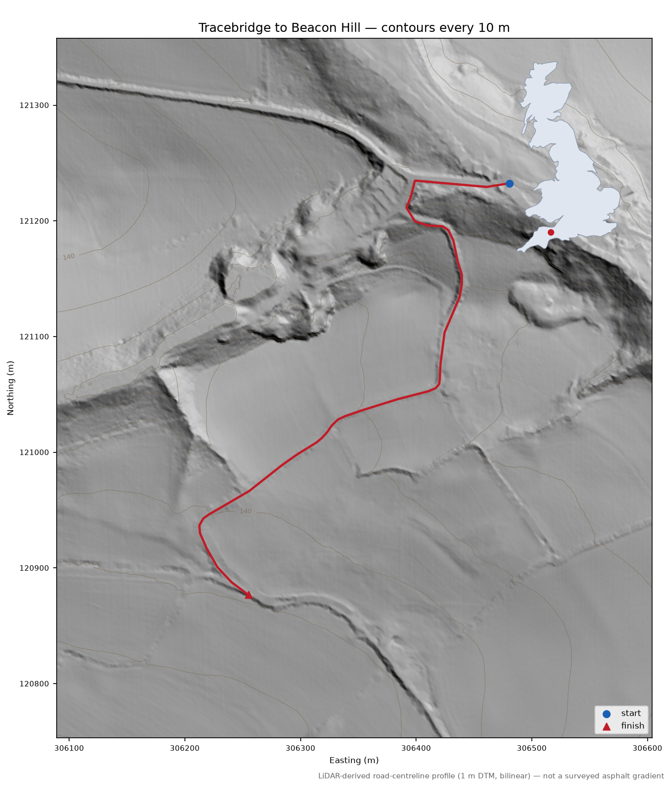 Tracebridge to Beacon Hill LiDAR hillshade map with contours