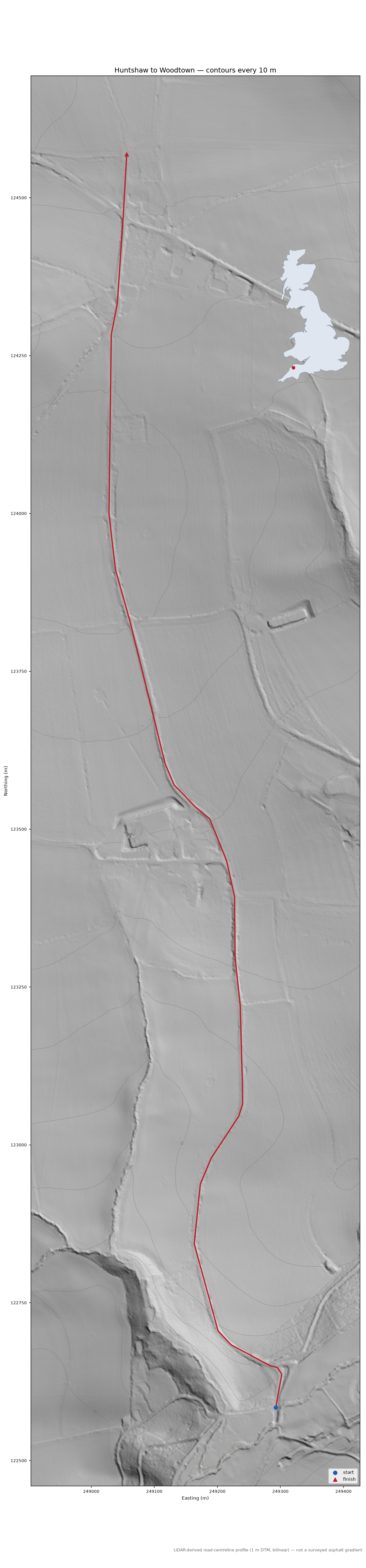 Huntshaw to Woodtown LiDAR hillshade map with contours