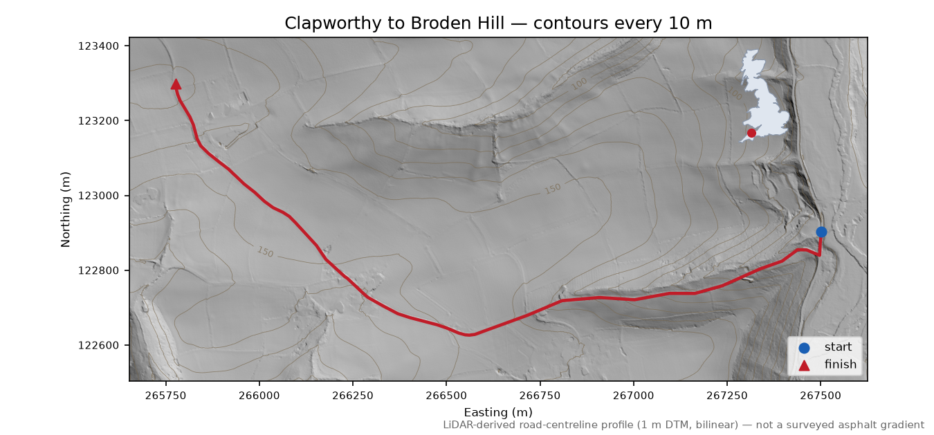 Clapworthy to Broden Hill LiDAR hillshade map with contours