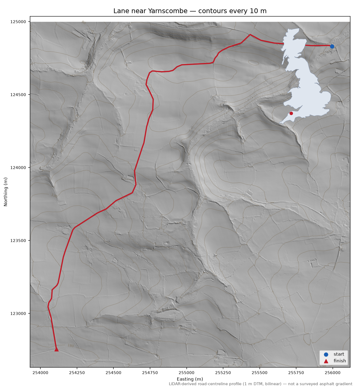 Lane near Yarnscombe LiDAR hillshade map with contours