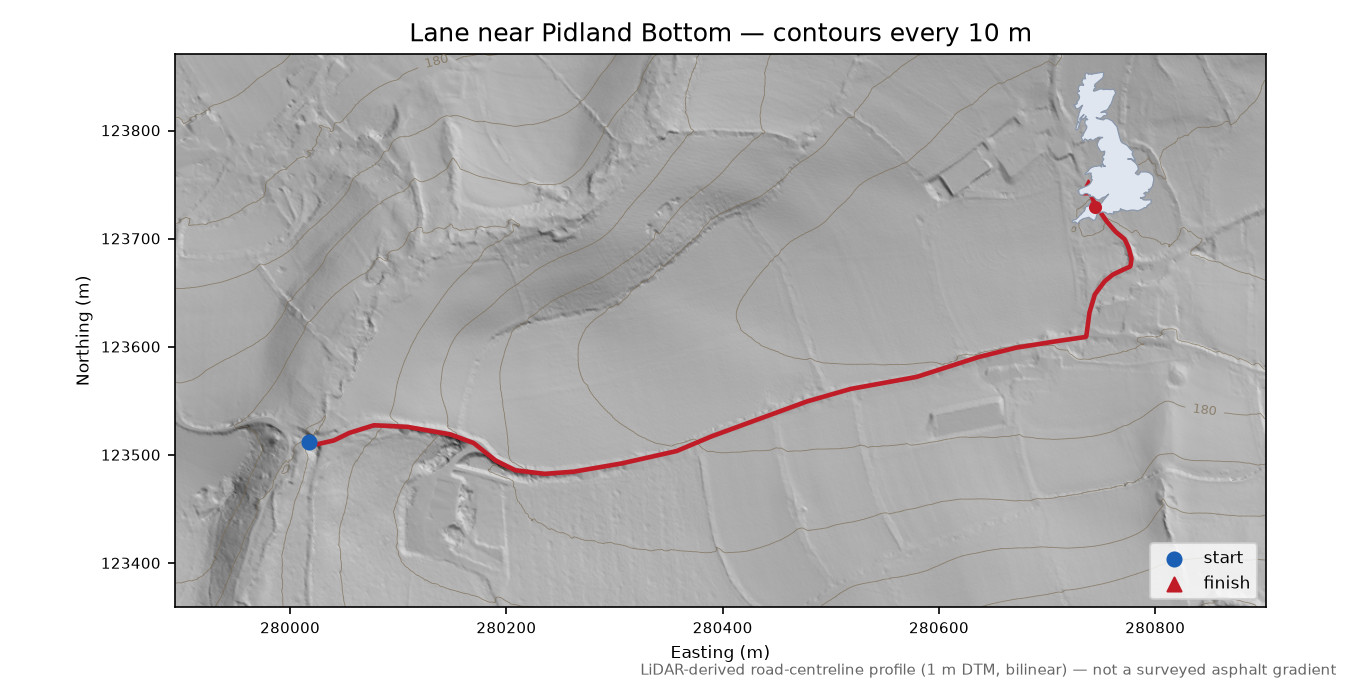 Lane near Pidland Bottom LiDAR hillshade map with contours