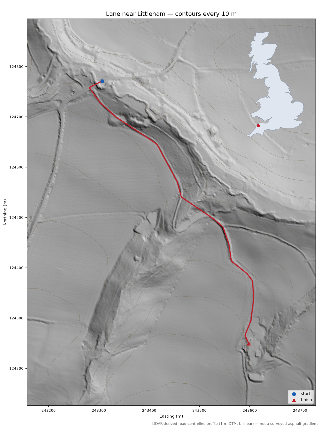 Lane near Littleham LiDAR hillshade map with contours