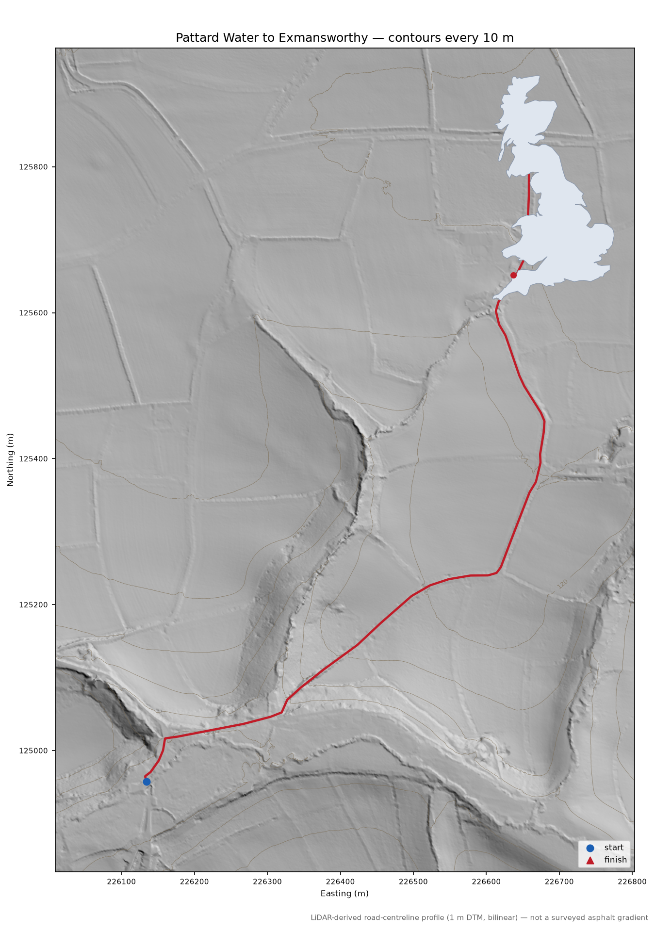 Pattard Water to Exmansworthy LiDAR hillshade map with contours