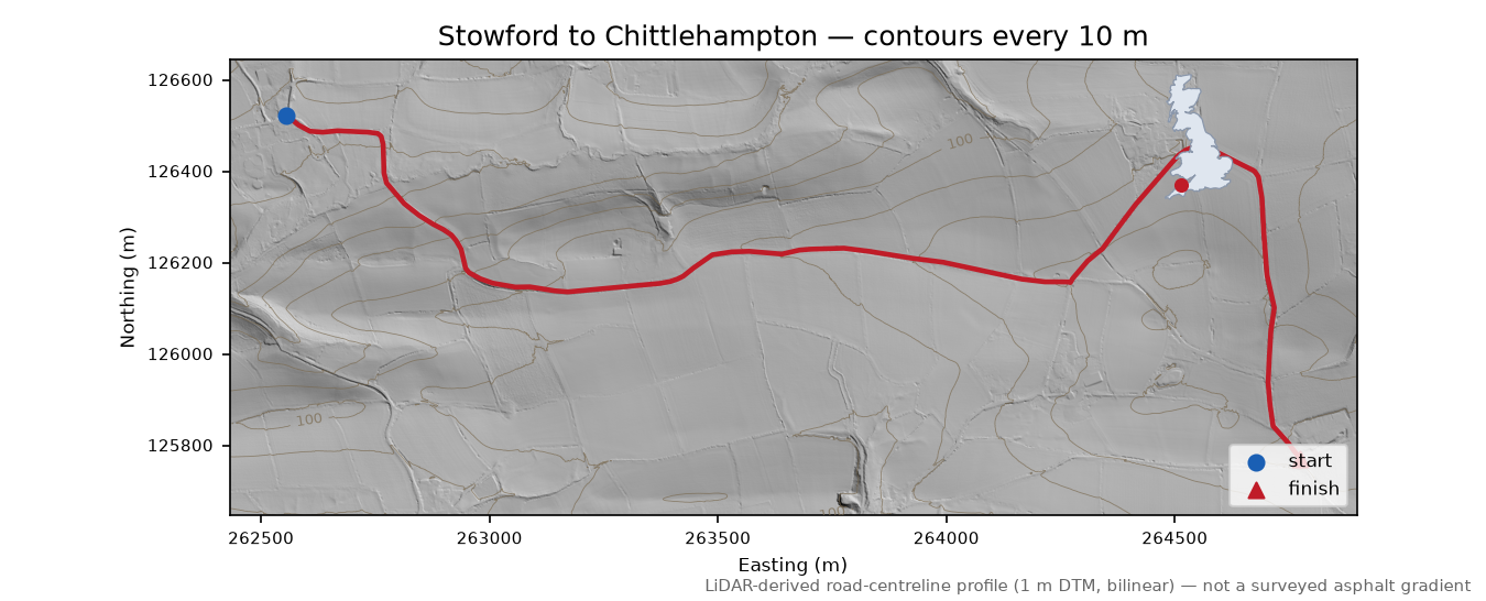 Stowford to Chittlehampton LiDAR hillshade map with contours
