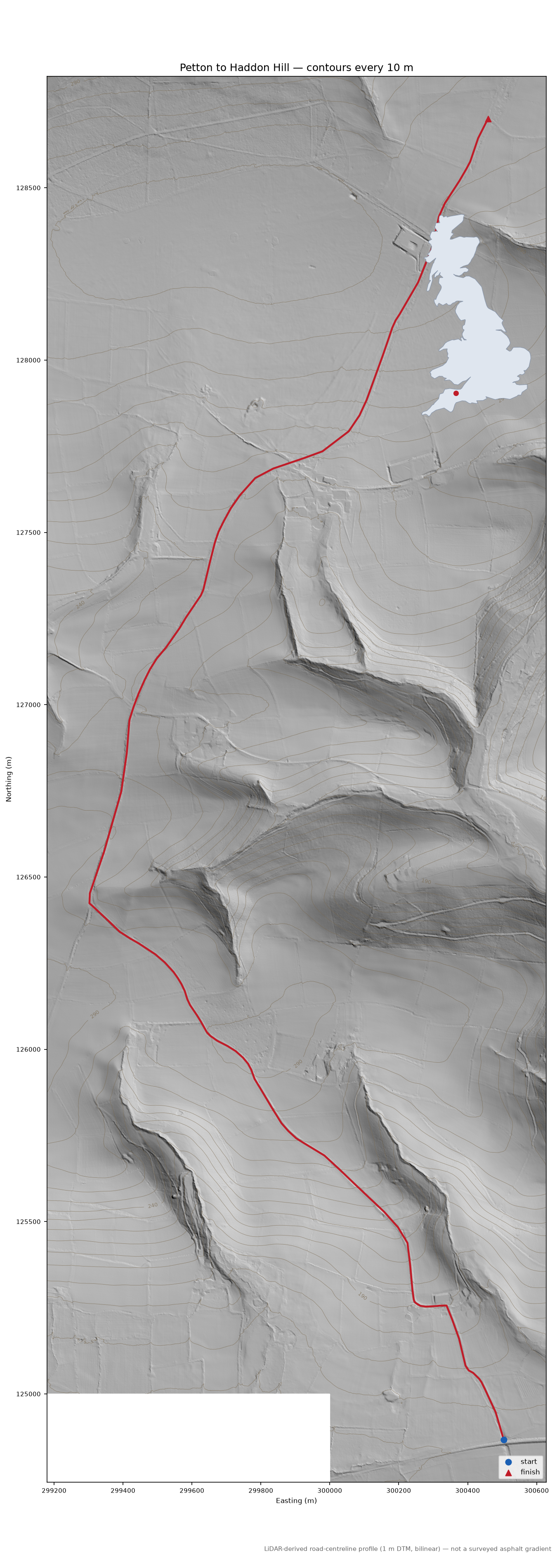 Petton to Haddon Hill LiDAR hillshade map with contours