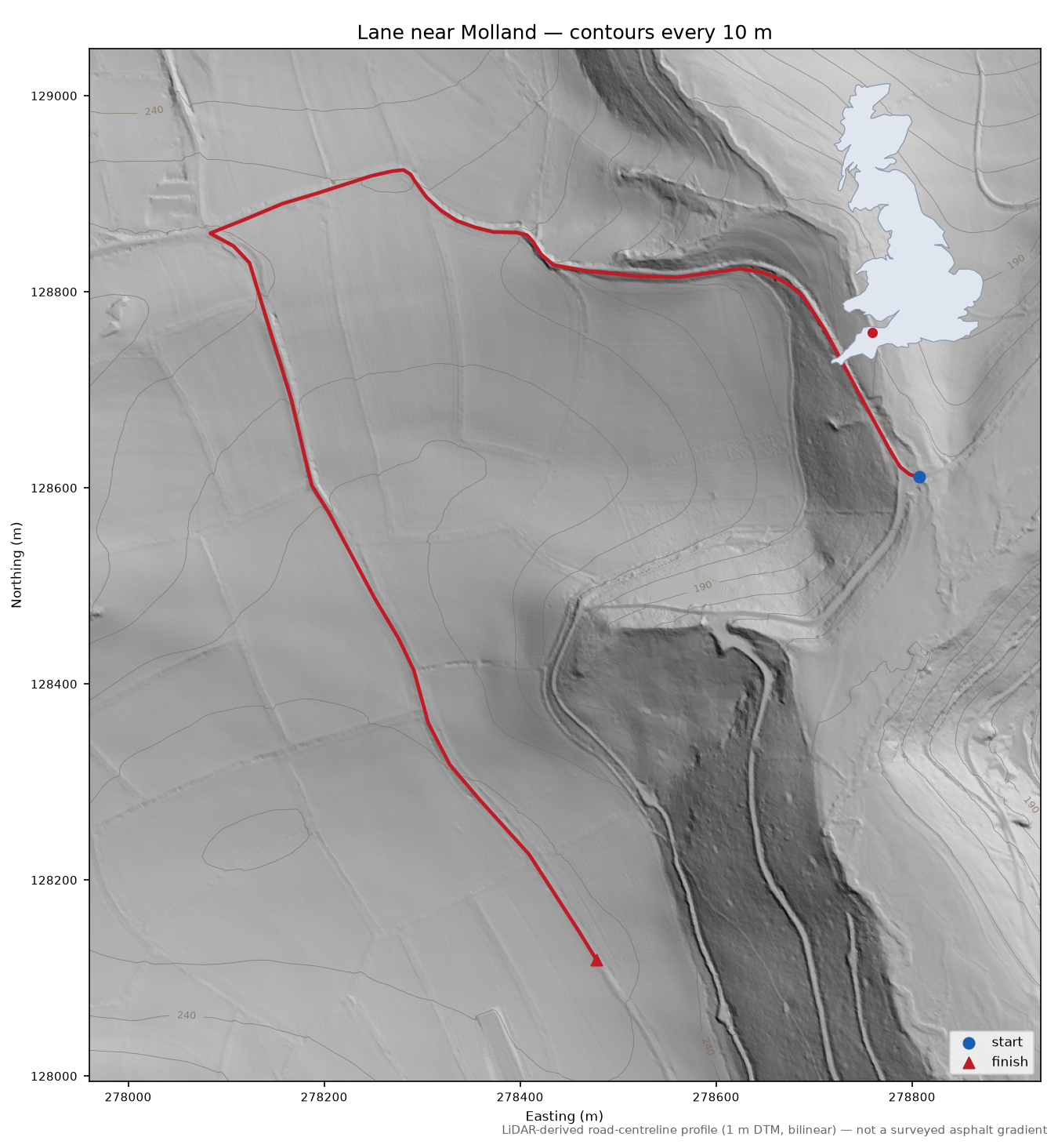 Lane near Molland LiDAR hillshade map with contours