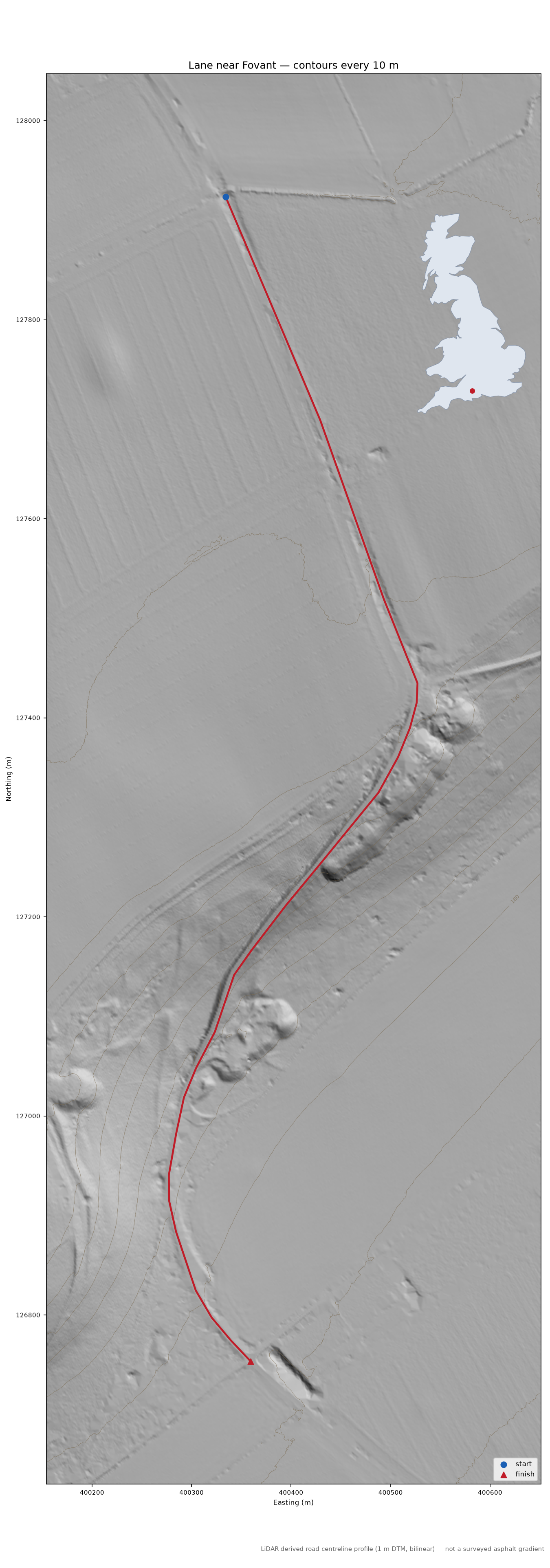 Lane near Fovant LiDAR hillshade map with contours