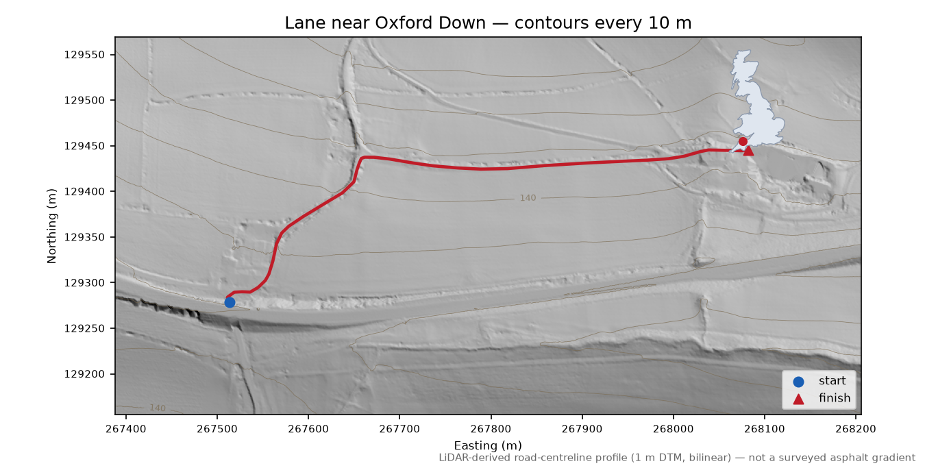 Lane near Oxford Down LiDAR hillshade map with contours
