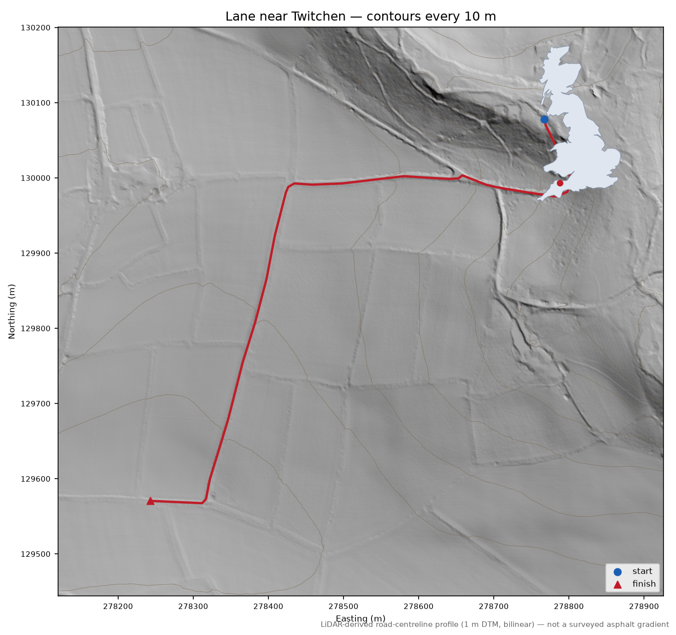 Lane near Twitchen LiDAR hillshade map with contours