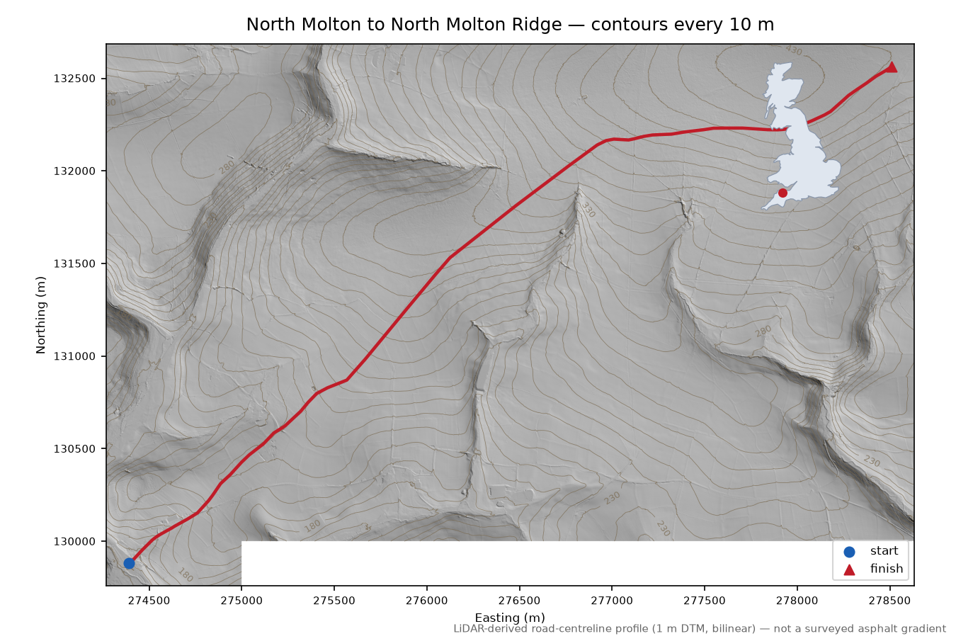 North Molton to North Molton Ridge LiDAR hillshade map with contours