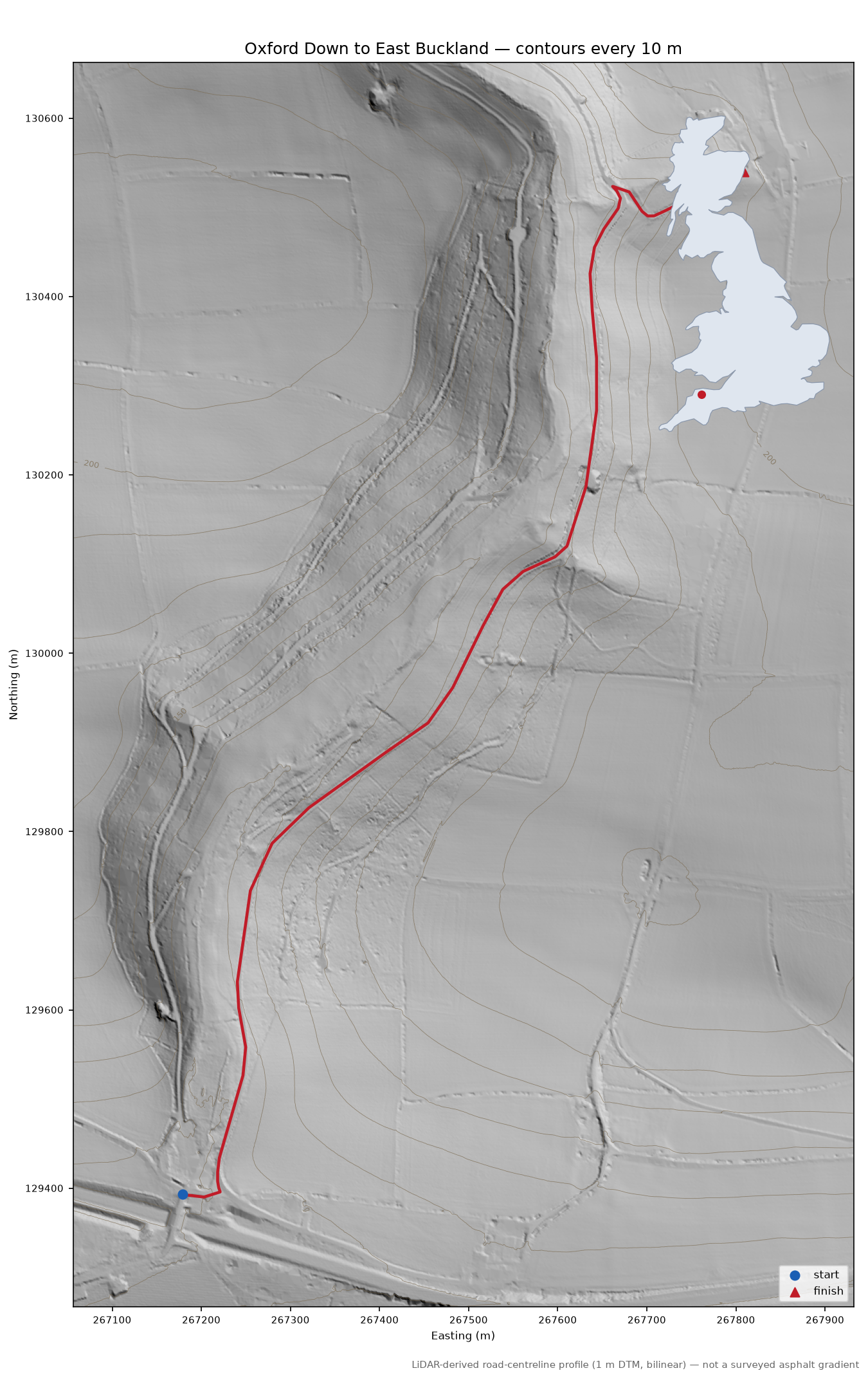 Oxford Down to East Buckland LiDAR hillshade map with contours