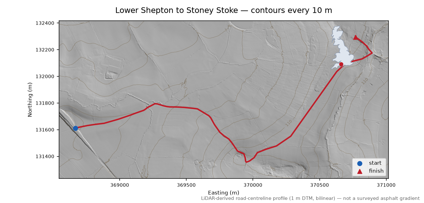 Lower Shepton to Stoney Stoke LiDAR hillshade map with contours