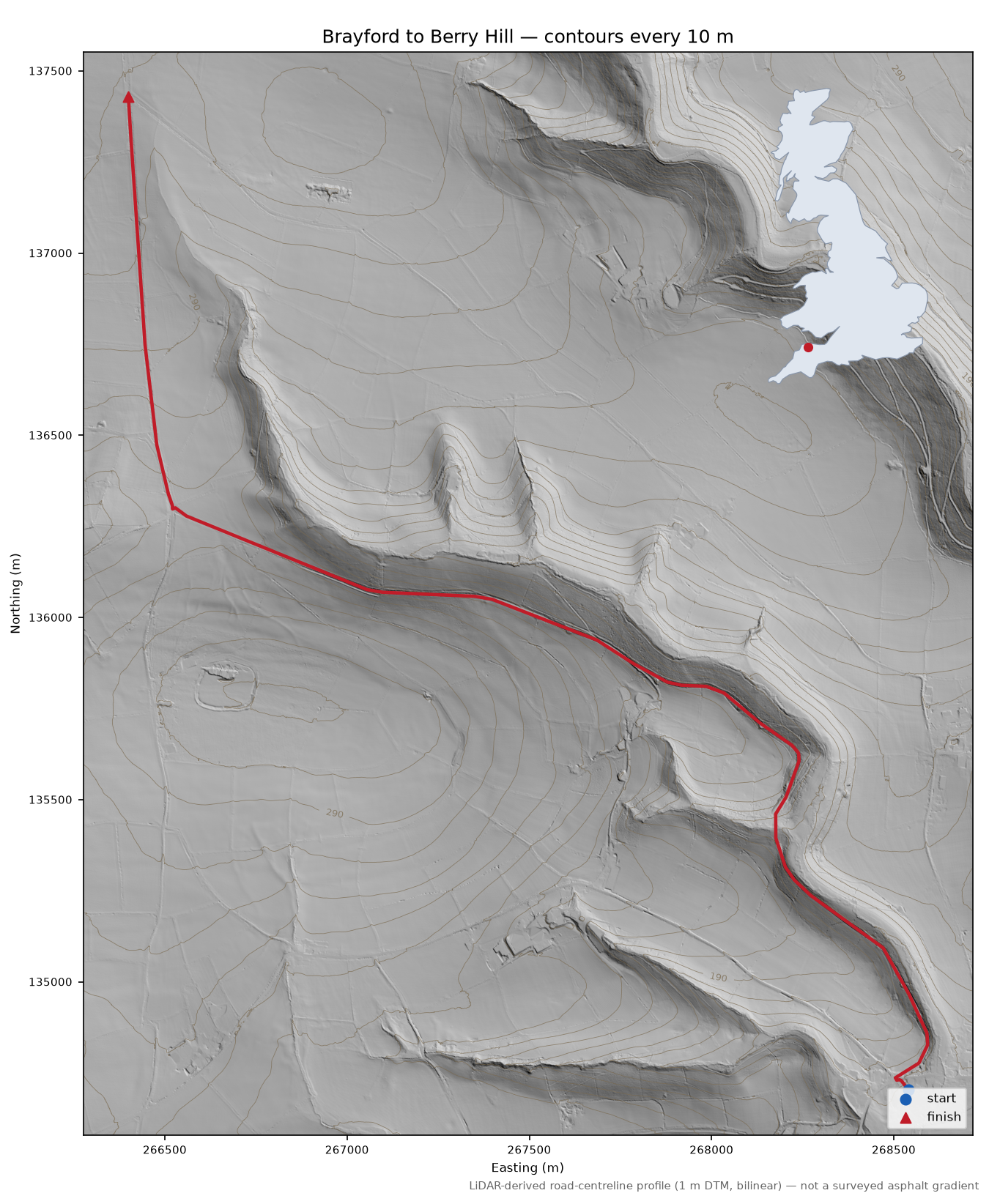 Brayford to Berry Hill LiDAR hillshade map with contours