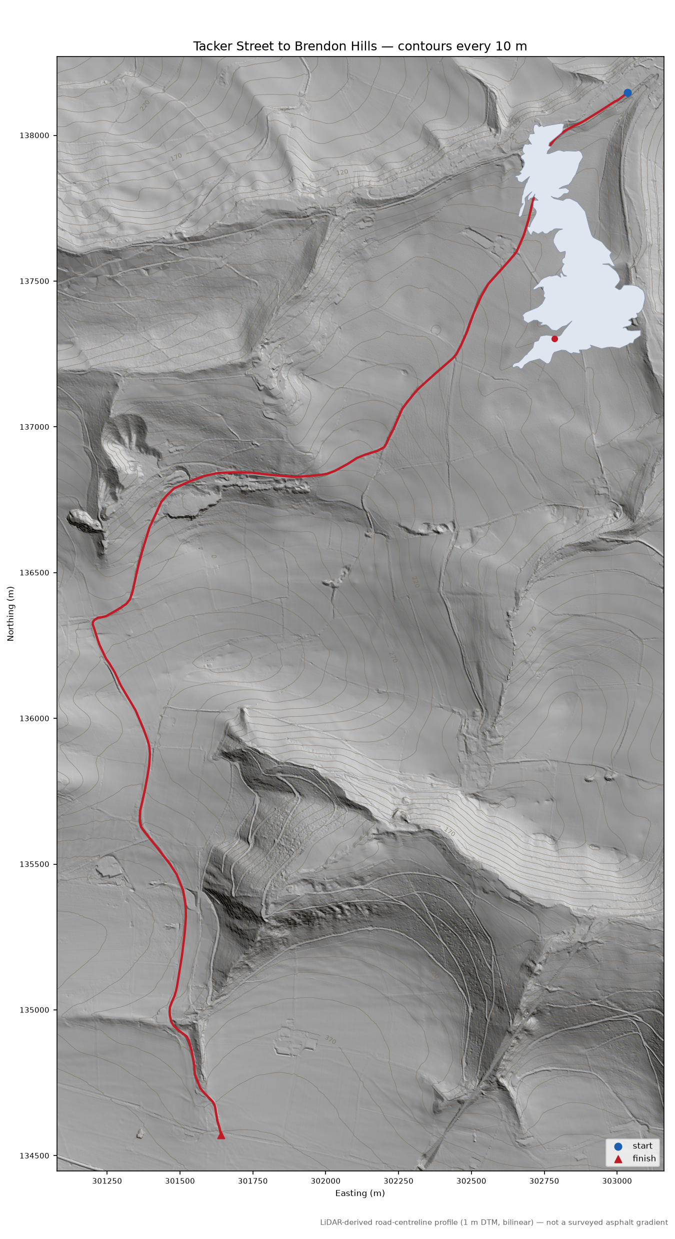 Tacker Street to Brendon Hills LiDAR hillshade map with contours