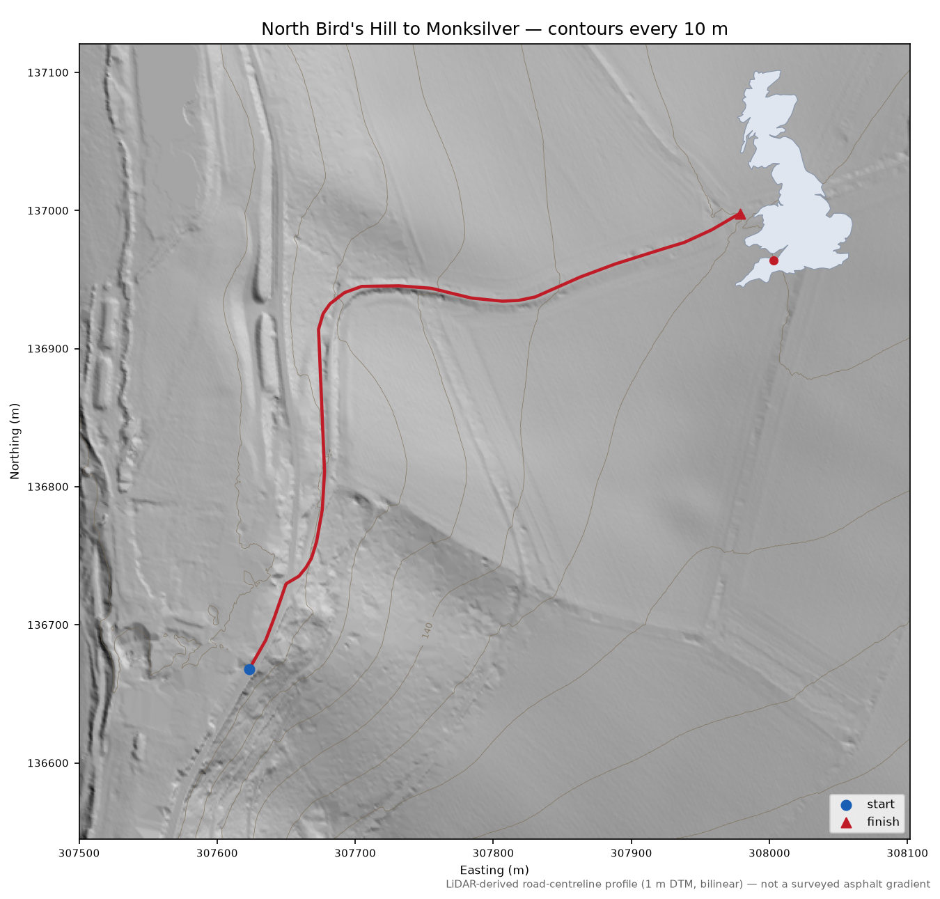 North Bird's Hill to Monksilver LiDAR hillshade map with contours