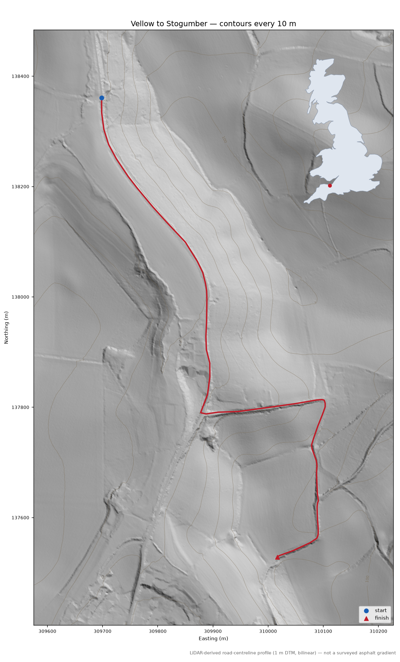 Vellow to Stogumber LiDAR hillshade map with contours