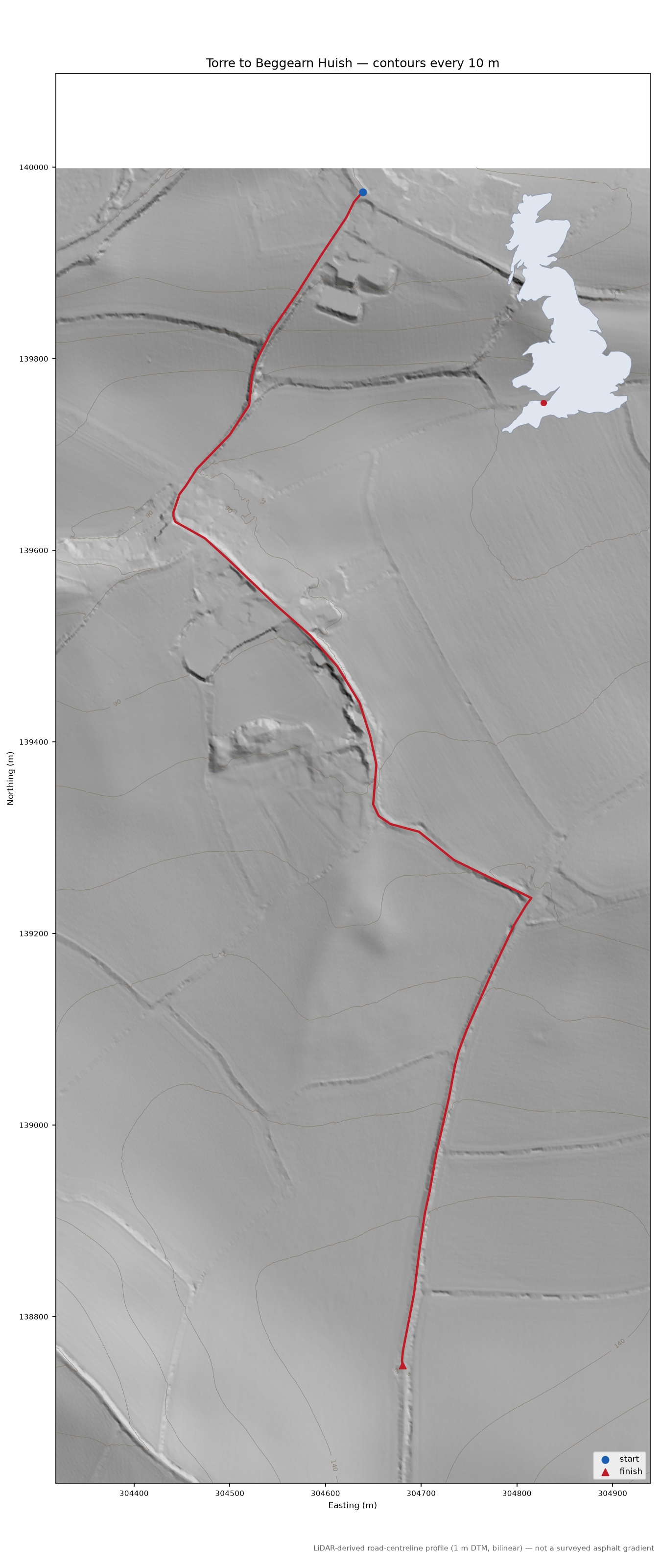 Torre to Beggearn Huish LiDAR hillshade map with contours