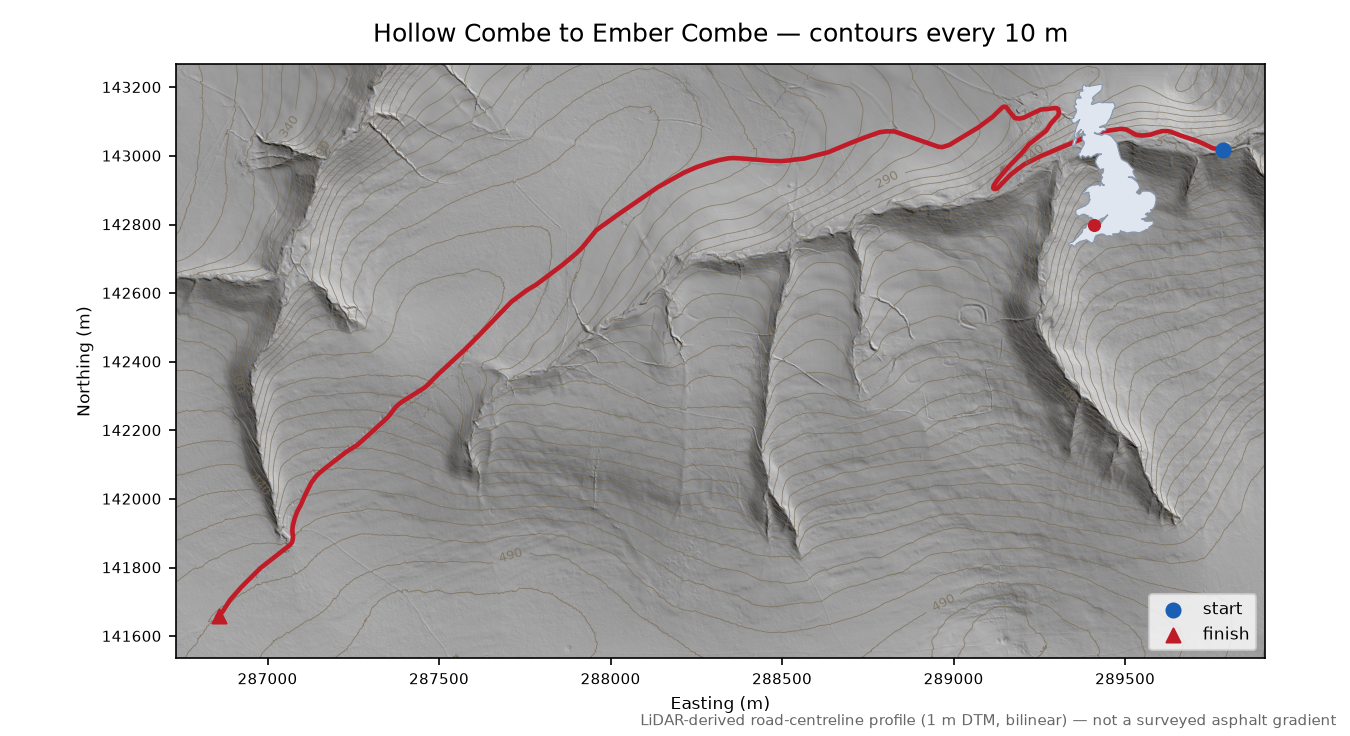 Hollow Combe to Ember Combe LiDAR hillshade map with contours