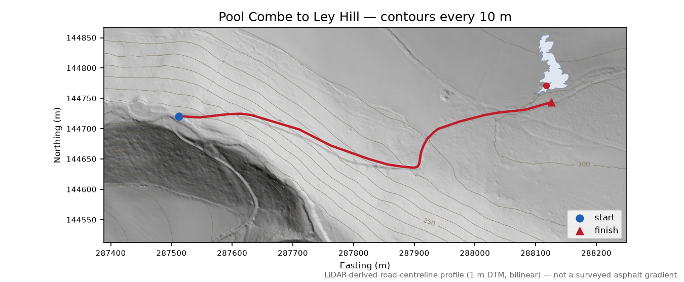 Pool Combe to Ley Hill LiDAR hillshade map with contours