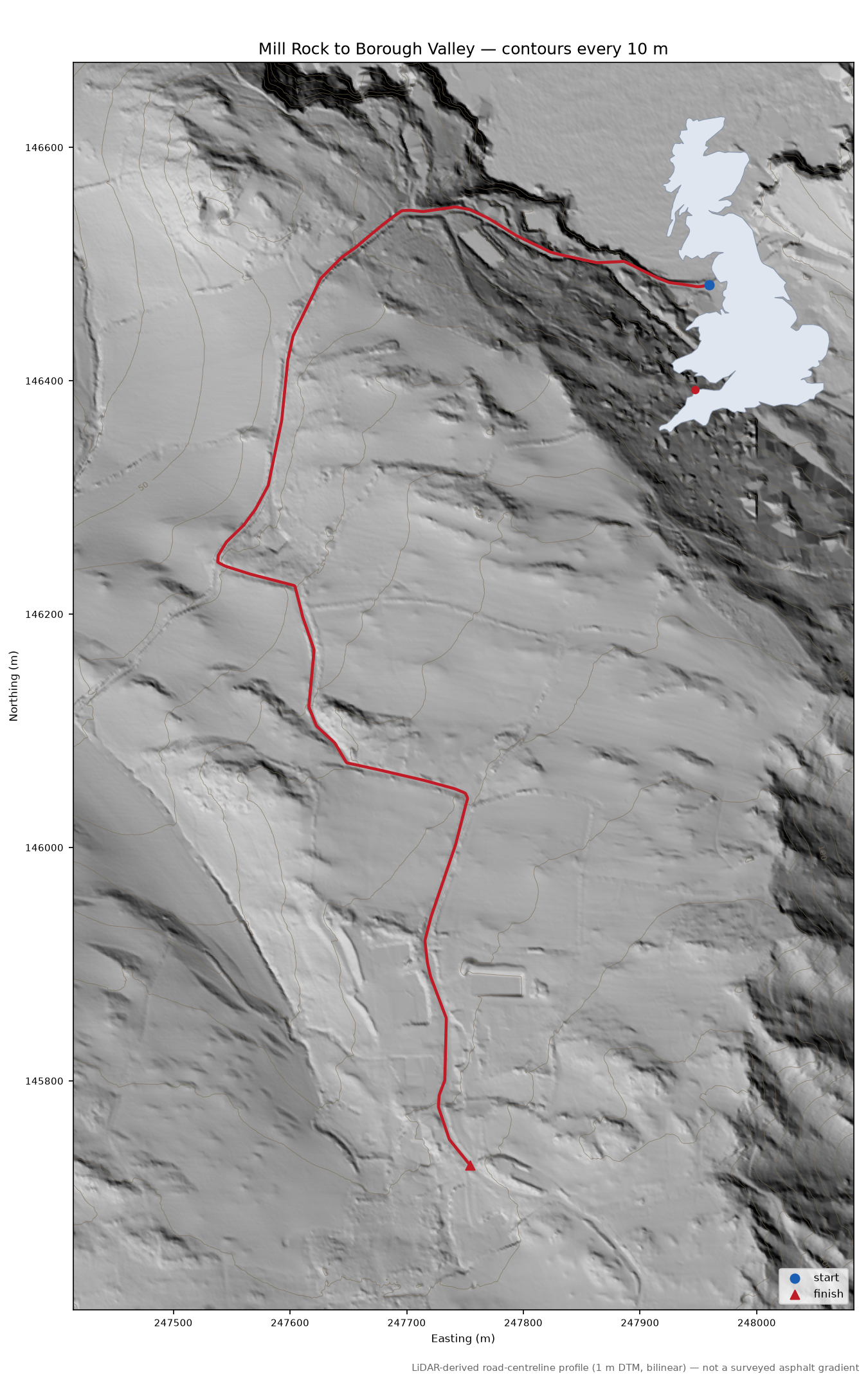 Mill Rock to Borough Valley LiDAR hillshade map with contours