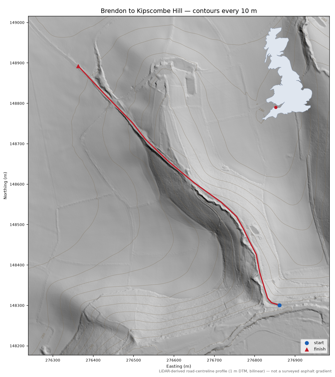 Brendon to Kipscombe Hill LiDAR hillshade map with contours