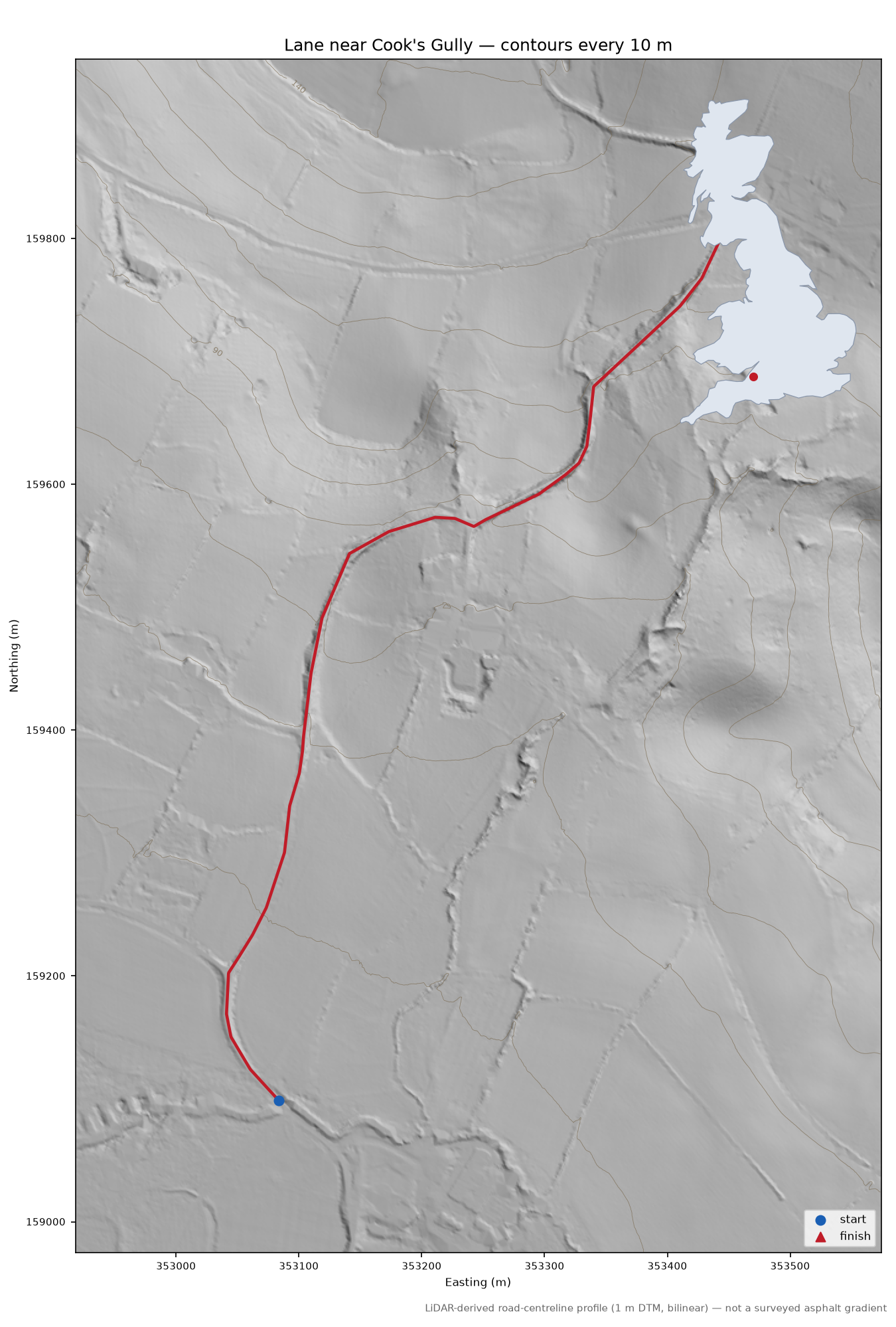 Lane near Cook's Gully LiDAR hillshade map with contours