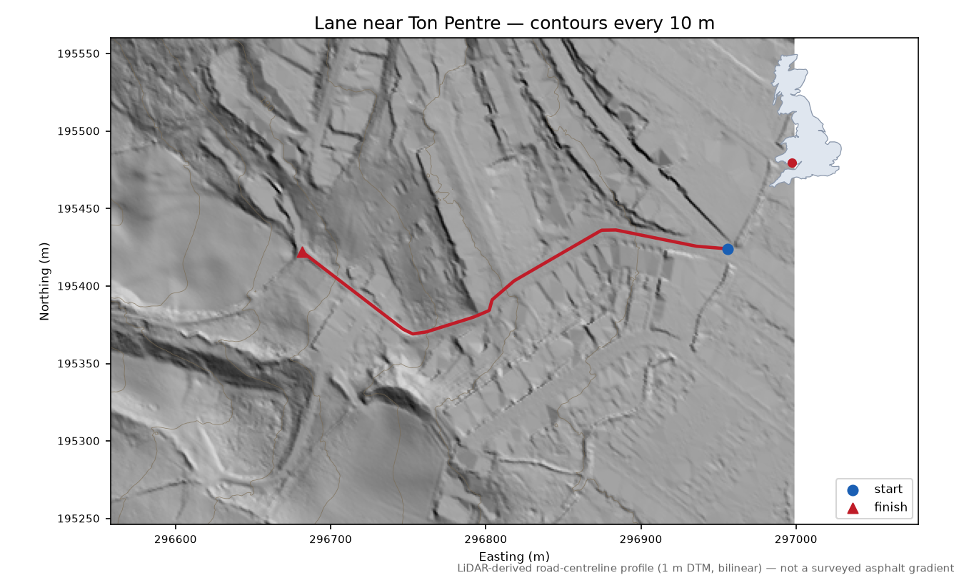 Lane near Ton Pentre LiDAR hillshade map with contours
