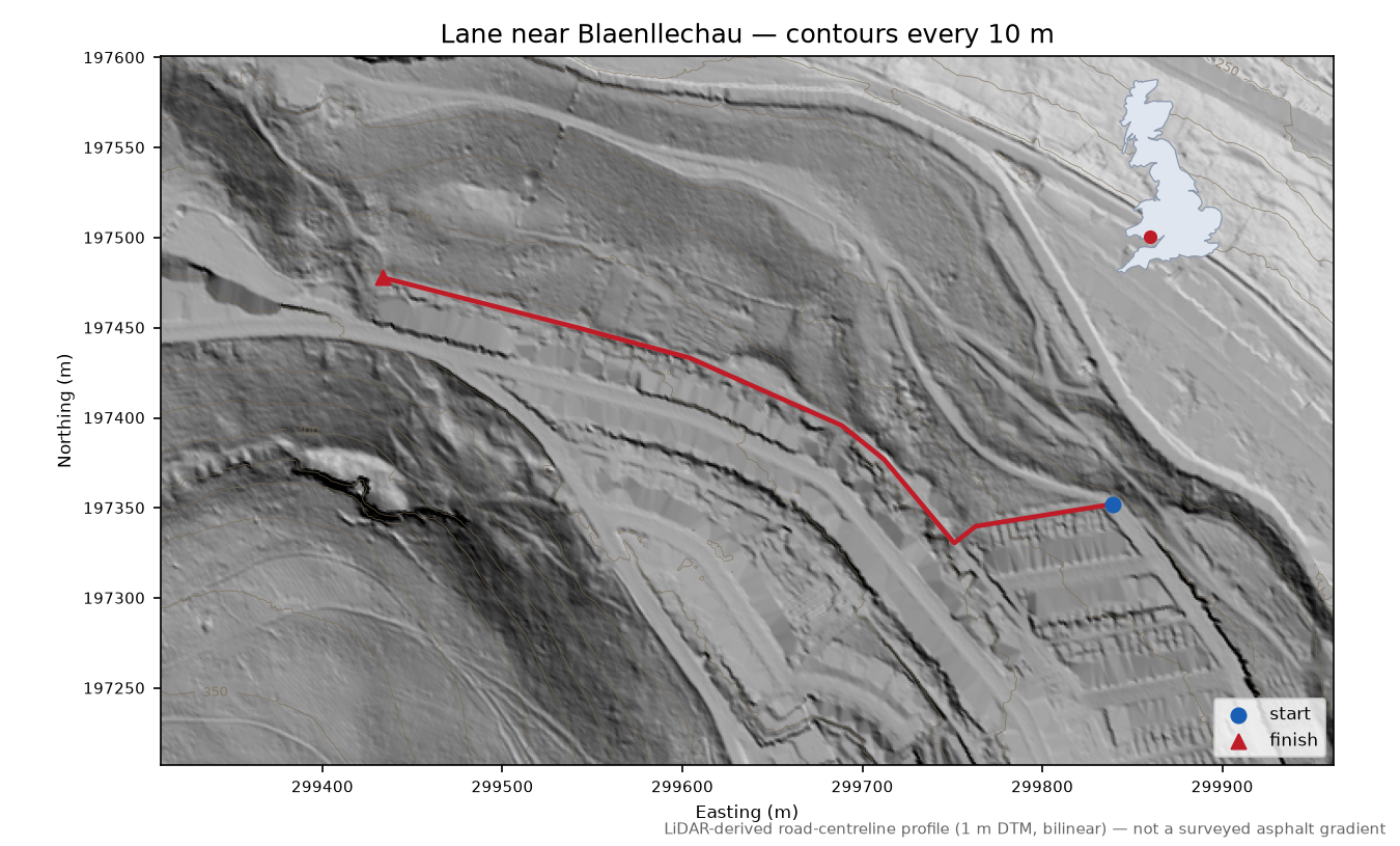 Lane near Blaenllechau LiDAR hillshade map with contours