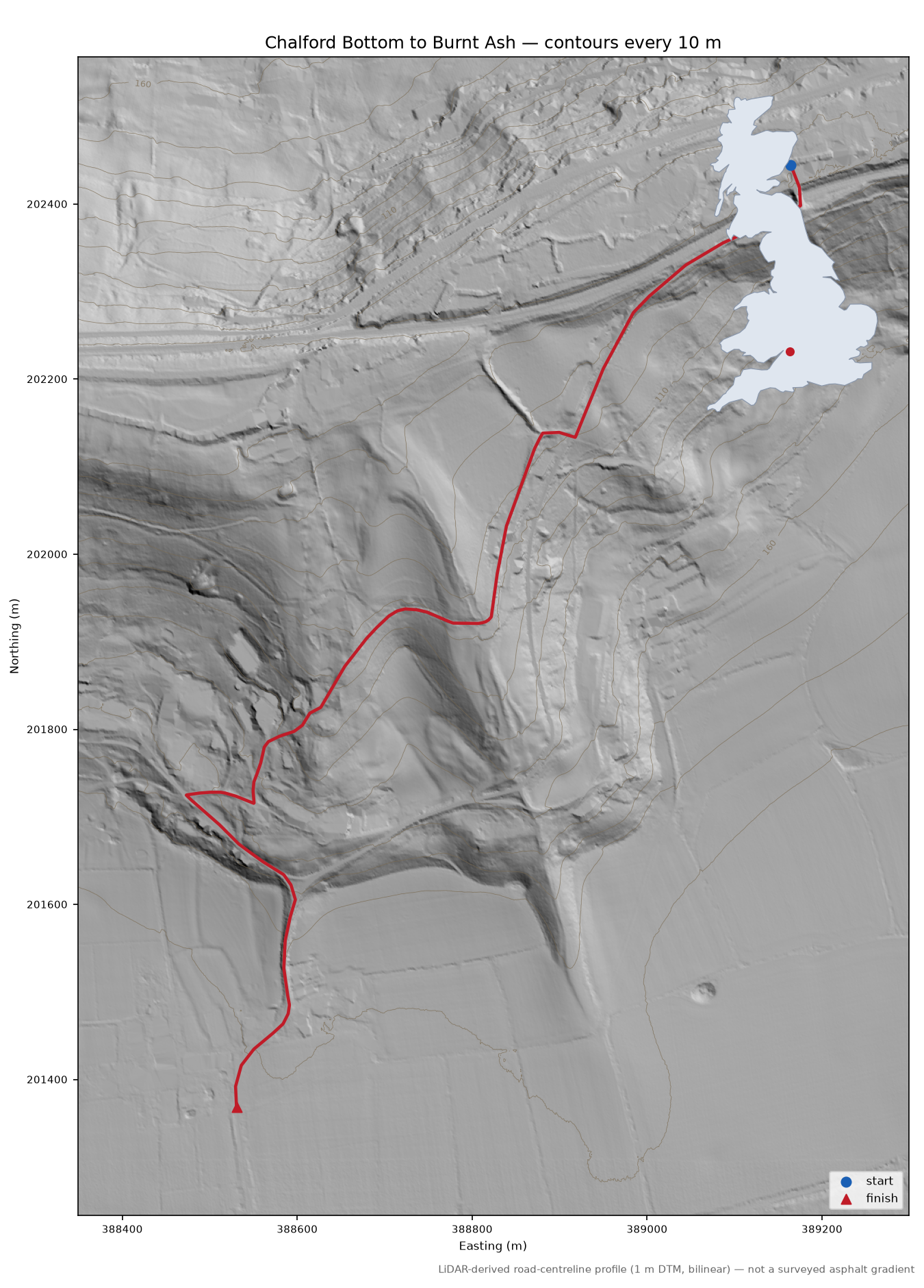 Chalford Bottom to Burnt Ash LiDAR hillshade map with contours