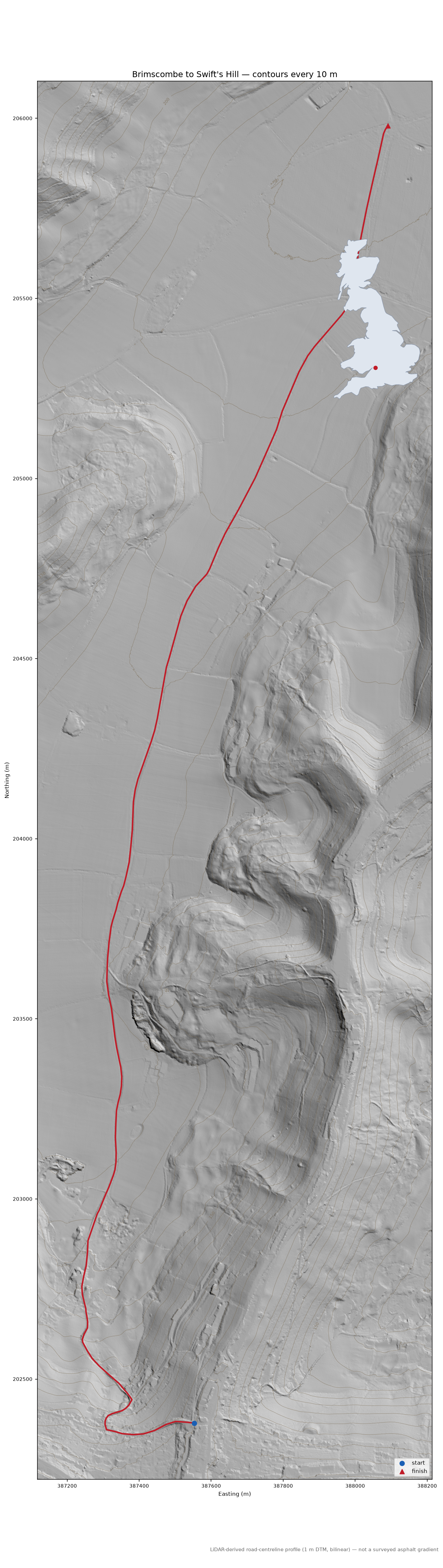 Brimscombe to Swift's Hill LiDAR hillshade map with contours