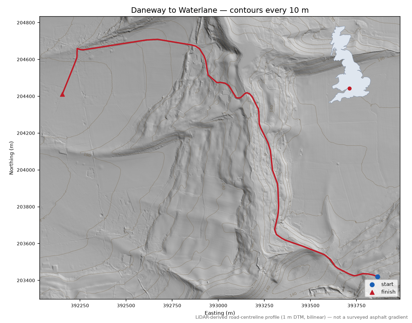 Daneway to Waterlane LiDAR hillshade map with contours