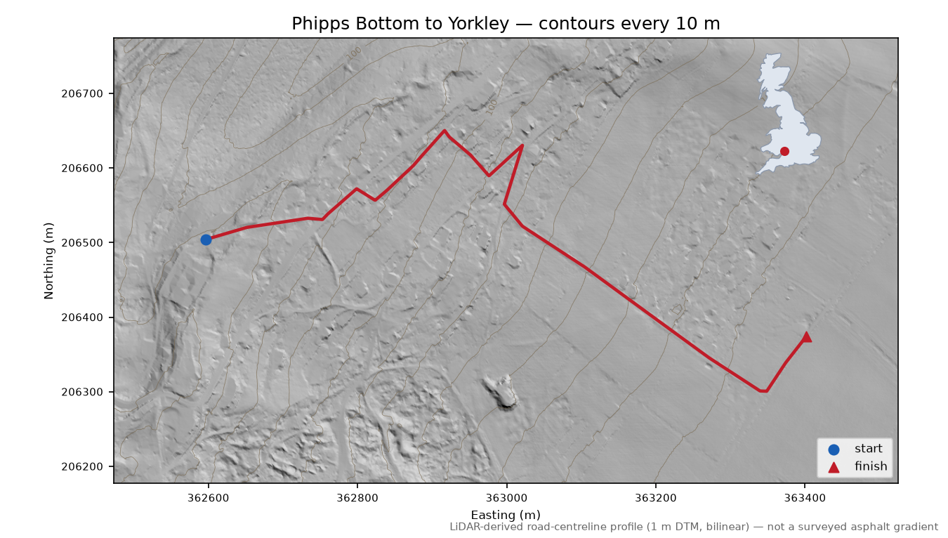 Phipps Bottom to Yorkley LiDAR hillshade map with contours