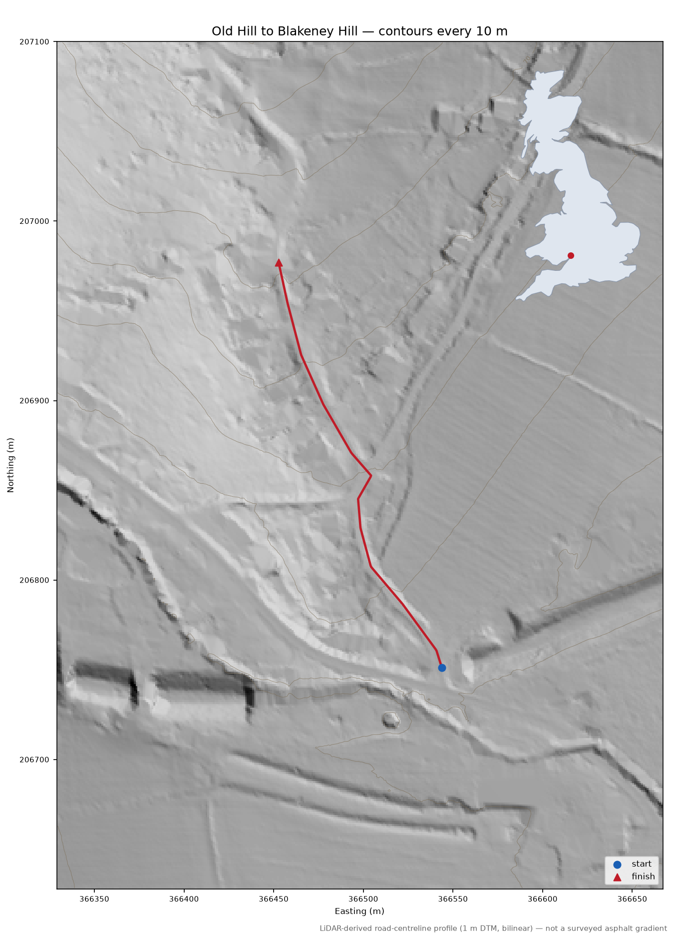 Old Hill to Blakeney Hill LiDAR hillshade map with contours