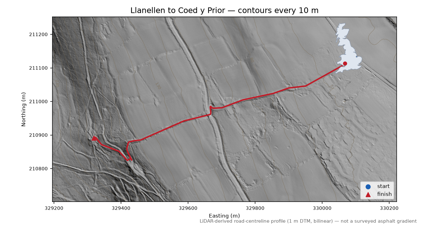 Llanellen to Coed y Prior LiDAR hillshade map with contours