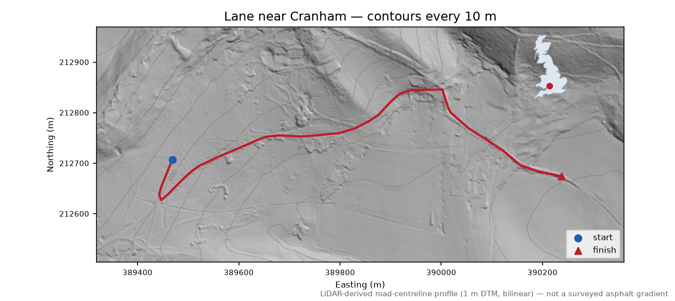 Lane near Cranham LiDAR hillshade map with contours