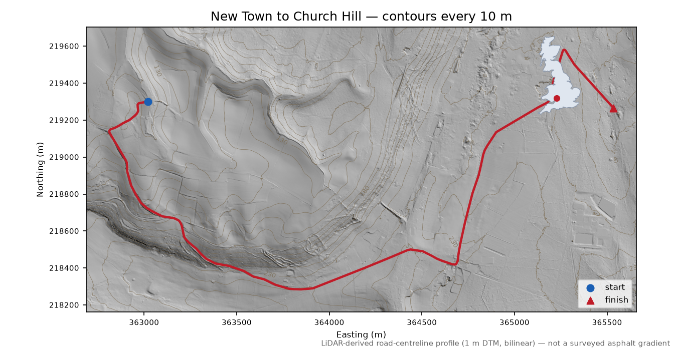 New Town to Church Hill LiDAR hillshade map with contours